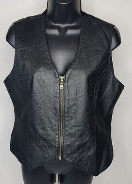 Vintage Womens Full Zip Black Leather Motorcycle Vest by Styleworks M